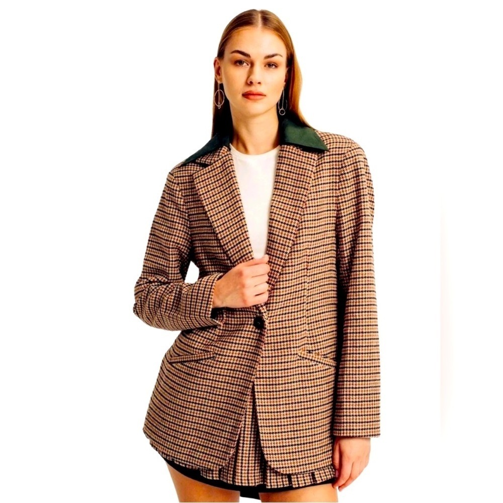 NWOT Torn by Ronny Kobo ANOK BLAZER forest combo Medium oversized,plaid,neutrals - Picture 6 of 8